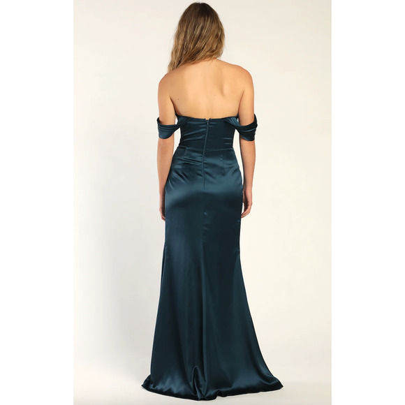 Lulus Stunning Arrival Dark Teal Satin Off The Shoulder Maxi Dress Formal S NWT - Picture 4 of 12